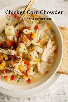 a white bowl filled with chicken corn chowder next to a slice of toasted bread