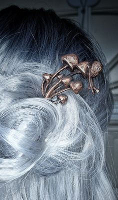 Copper mushroom and snail hair stick. Copper Mushroom Diy, Copper Mushroom, Gold Hair Stick, Copper Hair Pin, Gothic Hair Stick, Mushroom Hair, Copper Hair, Hair Sticks, Hair Pins