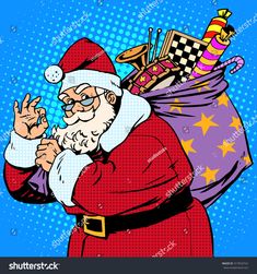 santa claus carrying a bag full of gifts on his back, pop art retro style