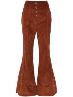 rust brown cotton corduroy high-waisted front button fastening side button fastening flared Brown Corduroy Bottoms With Button Closure, Corduroy Bottoms With Buttons For Work, Brown Pants With Button Closure For Fall, Fall Brown Pants With Button Closure, Fall Season Brown Pants With Button Closure, Brown Corduroy Bottoms With Buttons, High-waist Corduroy Bottoms With Buttons, High Waist Corduroy Bottoms With Buttons, Flare Pants With Button Closure For Fall