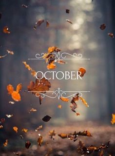 an autumn scene with falling leaves and the words october in white overlaying it