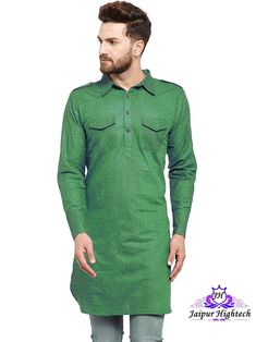 We bring to you this elegant design wedding party wear pathani style kurta long shirt summer outfit for men. This is Indian handmade cotton fabric men's wear versatile kurta. This plus size designer tunic has stylish straight collar neckline and graceful sleeve. This beautiful shirt top is made of cotton fabric so it will be comfortable and stylish. Increase your wardrobe collection as you wear this versatile kurta top from the house of Jaipur Hightech.  Give yourself a best ethnic look by weari Traditional Cotton Shirt For Eid, Cotton Long Sleeve Sherwani For Festivals, Cotton Long Sleeve Sherwani For Eid, Traditional Green Cotton Shirt, Unstitched Green Cotton Sherwani, Bollywood Style Cotton Long Sleeve Sherwani, Bollywood Cotton Long Sleeve Sherwani, Cotton Green Sherwani, Bollywood Style Long Sleeve Cotton Sherwani