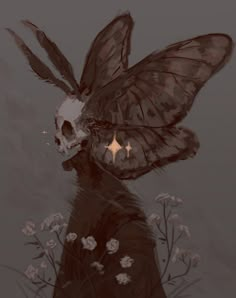 a drawing of a person with a skull and wings on their head, in front of flowers