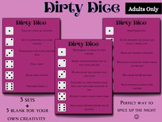 three dices with the words dirtyy big on them and four different times to play