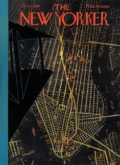 the new yorker magazine cover shows an aerial view of city lights and skyscrapers