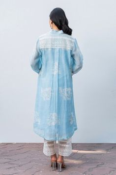 Powder blue chanderi kurta with floral print and lace yoke. Paired with a lace hem pant and inner. - Aza Fashions Festive Straight Kurta With Lace Trim, Spring Chanderi Kurta With Lace Work, Traditional Blue Kurta With Lace Work, Festive Blue Kurta With Lace Work, Women Kurta, Straight Kurta, How To Hem Pants, Kurta With Pants, Lace Hem