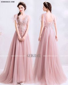 V-neck Tulle Gown For Prom Season, Pink V-neck Gown For Prom Season, Pink Tulle V-neck Evening Dress, Pink V-neck Evening Dress For Prom Season, Tulle V-neck Evening Dress For Wedding, Pink V-neck Evening Dress For Wedding, Pink V-neck Wedding Evening Dress, Pink V-neck Bridesmaid Gown, V-neck Evening Dress With Tulle Skirt