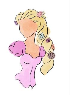 a drawing of a woman with long blonde hair wearing a pink dress and flowers in her hair