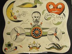 an old school tattoo design on the side of a wall with skulls, hearts and other tattoos