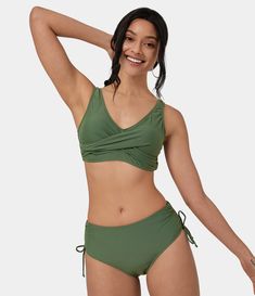 Women's Solid V-Neck Lace Up Bikini Set Swimsuit. Nylon, Nylon-82%, Spandex, Spandex-18%. Lace Up. Machine wash cold. Do not dry clean. Do not iron. Do not bleach. Wash with like colors. Turn garment inside out. Cropped Top. V-Neck. Plain. Swim. Removable cups. Medium Caverage. Sporty Swimwear, Green Swimsuit, Bleach Wash, Beachwear For Women, Neck Lace, Swimsuit Tops, Cropped Top, Sage Green, Neck Tie