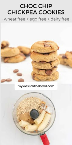 chocolate chip chickpea cookies in a glass bowl with oats and peanut butter