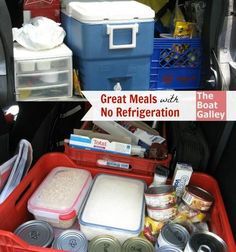 the back of a car filled with food and containers