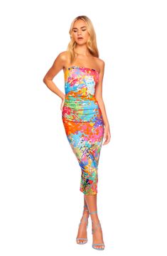 A full palette of paint colors gloriously spatters a figure-skimming tube dress that will turn every head. 42" length Strapless 95% viscose, 5% spandex Dry clean Made in the USA of imported fabric Spring Strapless Multicolor Midi Dress, Multicolor Fitted Strapless Midi Dress, Fitted Multicolor Strapless Midi Dress, Crop Top Jumpsuit, Strapless Tube Dress, Gathered Dress, Amanda Uprichard, Crop Top Blouse, Tube Dress