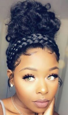 Curly Updo Bun Black Women, Curly Updo With Bangs Black Women, Messy Bun With Braiding Hair Weave, Bridesmaid Hairstyles Braided, Braided Bun With Curly Pieces, Natural Hair Updo For Black Women Up Dos, Naturally Curly Hair Updo For Black Women Wedding Hairstyles, Black Women Updo Hairstyles, Black Hair Bun