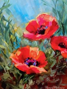 an oil painting of three red poppies on a green and yellow background with leaves