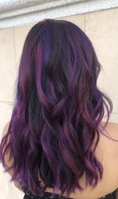 Dark Brown Hair With Color Streaks, Red And Purple Highlights In Brown Hair, Dark Brown Hair With Purple Ends, Medium Brown Hair With Purple, Purple Partial Highlights, Dark Purple With Light Purple Highlights, Purple Hilights On Brown Hair, Purple And Brown Highlights, Pink And Purple Highlights In Brown Hair