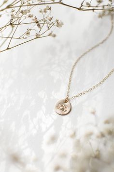 "𝐇𝐢𝐠𝐡𝐥𝐢𝐠𝐡𝐭𝐬 * Made With All 14k Yellow/Rose Gold Filled or Sterling Silver Pieces * 1/2\" Disc Fits - 8 Characters Straight Across, or - 12 Characters Curved Along The Edge * Available In 14\", 16\", 18\", 20\", and 22\" Lengths Our hand stamped, dainty 14k gold filled and sterling silver disc necklaces are a great way to carry your most special moments with you! These minimalist necklaces are dainty and simple, yet super sturdy; our pendants are designed to be timeless and meant to la Hypoallergenic Recycled Gold Jewelry Gift, Dainty 14k Gold Filled Medallion Jewelry, Dainty 14k Gold-filled Medallion Jewelry, Dainty Brass Charm Necklace With Round Pendant, Delicate Everyday Charm Necklace In Recycled Gold, Everyday Hypoallergenic 14k Gold-filled Charm Necklaces, Everyday Hypoallergenic 14k Gold Charm Necklace, Dainty Recycled Gold Charm Necklaces For Everyday, Dainty Recycled Gold Charm Necklace For Everyday