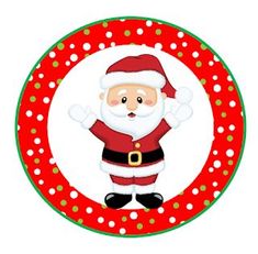 a santa clause standing in front of a red and green circle with polka dots on it