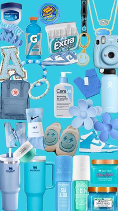 a collage of blue items including a camera, water bottle, and other personal care products