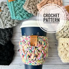 crochet coffee cup cozyie pattern with text overlay