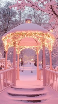 a gazebo covered in christmas lights surrounded by snow