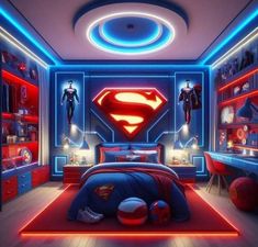 a superman themed bedroom with red and blue lighting on the ceiling, bedding and decor