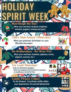 Winter Spirt Week Ideas, Daycare Christmas Spirit Week, Work Christmas Contest Ideas, Holiday Spirit Week Ideas For Office, Xmas Spirit Week, Christmas Spirt Weeks, Office Holiday Spirit Week Ideas, Employee Spirit Week Ideas, December Spirit Week