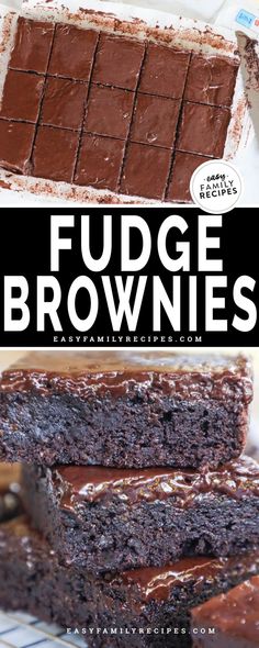 chocolate fudge brownies stacked on top of each other with the title overlay