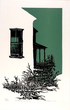 a drawing of a house with a window and bushes in front of it on a green background