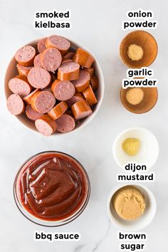 the ingredients to make homemade hot dogs are shown in bowls