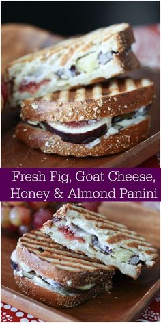 fresh fig, goat cheese, honey and almond panini sandwich on a cutting board