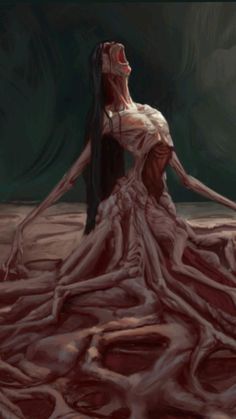 a woman with blood on her body is standing in the middle of a large tree