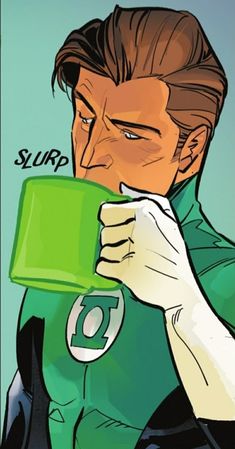 a drawing of a man in green shirt holding a coffee cup with his right hand