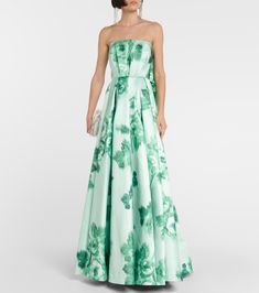 Strapless Floral Print Prom Evening Dress, Pre-draped Strapless Silk Gown, Strapless Green Gown For Debutante Ball, Strapless Evening Gown With Floral Print, Formal Strapless Gown With Floral Print, Silk Gown With Fitted Bodice, Strapless, Strapless Silk Gown With Fitted Bodice, Silk Strapless Gown With Fitted Bodice, Strapless Silk Gown With Ruched Bodice