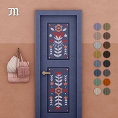 the door is painted blue and has flowers on it, along with other wall hangings