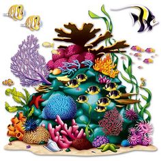 an underwater scene with fish and corals