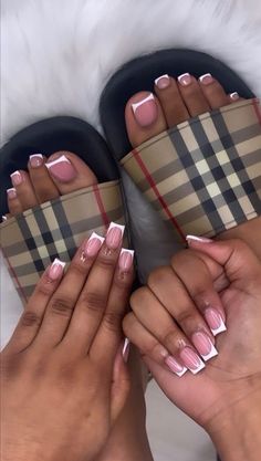 French Tips Mani Pedi, Toe Nail Acrylic French Tip, Matching Toes And Nails Set, Nails Acrylic Toes And Hands, French Tip Manicure And Pedicure, French Tip Matching Nails And Toes, Pink And White Nail Set, Monthly Nail Ideas, French Tip Hands And Toes