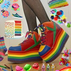 Weirdcore Shoes, Clowncore Shoes, Rainbow Fashion Aesthetic, Rainbow Clothes Aesthetic, Clowncore Accessories, Kidcore Shoes, Rainbow Platforms, Clowncore Clothes