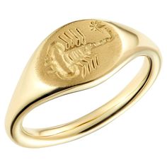 This DUBINI coin ring from the 'Empires' collection features a relief of a gnostic intaglio with a Scorpio holding a moon and star circa 3rd Century A.D. in 18kt yellow gold. HISTORY The use of scratching diagrams in the belief to influence the course of events, pretending to use mysterious or supernatural forces, is as old as human history. There was a time when magicians used to inscribe hermetic symbols on their talismans and amulets. Sometimes those jewels featured whole series of hermetic, Hermetic Symbols, Scorpio Ring, Diamond Signet Ring, Gold Signet Ring, Human History, Coin Ring, Ladies Diamond Rings, Moon And Star, Modern Ring