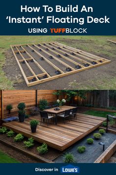 an outdoor deck that has been built with wooden boards and plants on it, in front of