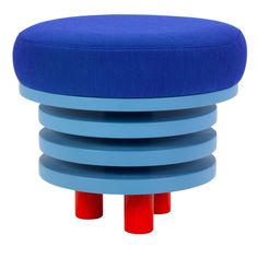 a blue stool with three red legs and a round cushion on it's back