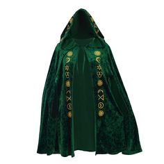 a green cloak with gold trimmings on it