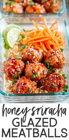 three glass containers filled with meatballs and carrots on top of rice next to lime wedges