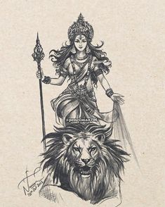 a pencil drawing of a woman on top of a lion with a spear in her hand