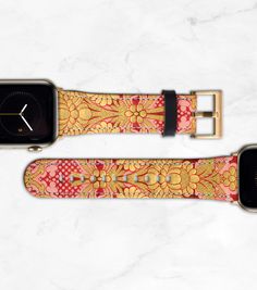 "Damask pattern in pinks and golden yellows on a faux leather Apple Watch band. Unapologetically feminine fashion for your Apple Watch Series 1, 2, 3 or 4. { b a n d * d e t a i l s } Faux Leather Buckle/Lugs in matte finish Underside is gray Fits Series 1, 2, 3 4, 5, 6, 7, 8, SE - size selector refers to Apple Watch size Smaller face: 38mm / 40mm /41mm Larger face: 42mm / 44mm / 45mm / Ultra 49mm Apple Watch NOT included NOTE ON GOLD APPLE WATCHES. Apple's \"gold\" color is a moving target. The Gold Rectangular Leather Strap Apple Watch Band, Gold Rectangular Apple Watch Band With Leather Strap, Gold Rectangular Leather Apple Watch Band, Gold Leather Strap Apple Watch Band Gift, Gold Apple Watch Band With Leather Strap As Gift, Trendy Gold Leather Apple Watch Band, Adjustable Pink Leather Watch Band, Pretty Apple Watch, Gray Fits