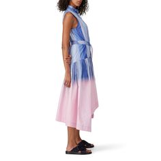 Blue and pink printed cotton (100% Cotton). Hourglass. Sleeveless. High neckline. Exposed front button closure. 52" from shoulder to hemline at longest point. 41" from shoulder to hemline at shortest point. Imported. Pink Cotton Maxi Dress For Summer, Pink Cotton Midi Dress For Summer, Pink Cotton Sleeveless Summer Dress, Cotton Sleeveless Dress For Spring Daywear, Blue Cotton Sleeveless Summer Dress, Pink Cotton Midi Dress For Daywear, Pink Sleeveless Dress For Spring Daywear, Pink Sleeveless Spring Dress For Daywear, Pink Cotton Sleeveless Sundress