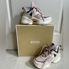 Michael Kors Olympia Canvas And Leather Trainer - Pink Size 9 Women’s Have Never Been Worn Michael Kors Pink Lace-up Sneakers, Pink Michael Kors Lace-up Sneakers, Michael Kors Pink Synthetic Sneakers, Michael Kors Pink Sneakers With Round Toe, Michael Kors Pink Round Toe Sneakers, Michael Kors Pink Low-top Sneakers, Casual Pink Michael Kors Sneakers, Leather Trainers, Michael Kors Shoes