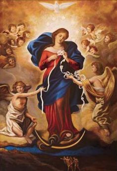 an image of the virgin mary with angels around her and jesus on the cross in the background