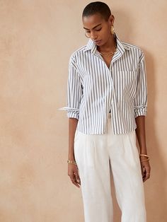 Petite Paperweight Poplin Boxy Cropped Shirt | Banana Republic Boxy Cropped Shirt, Fall Shopping List, Cropped Shirt, Dressed To Kill, Fall Shopping, Fashion 2020, Poplin Shirt, Navy Stripes, Crop Shirt