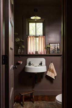 River House Wall Mount Sink Bathroom, Purple Cabinets, Powder Room Design Ideas, Small Half Bath, Country Living Fair, Powder Room Decor, Wall Mount Sink, Tub Ideas, Powder Room Design